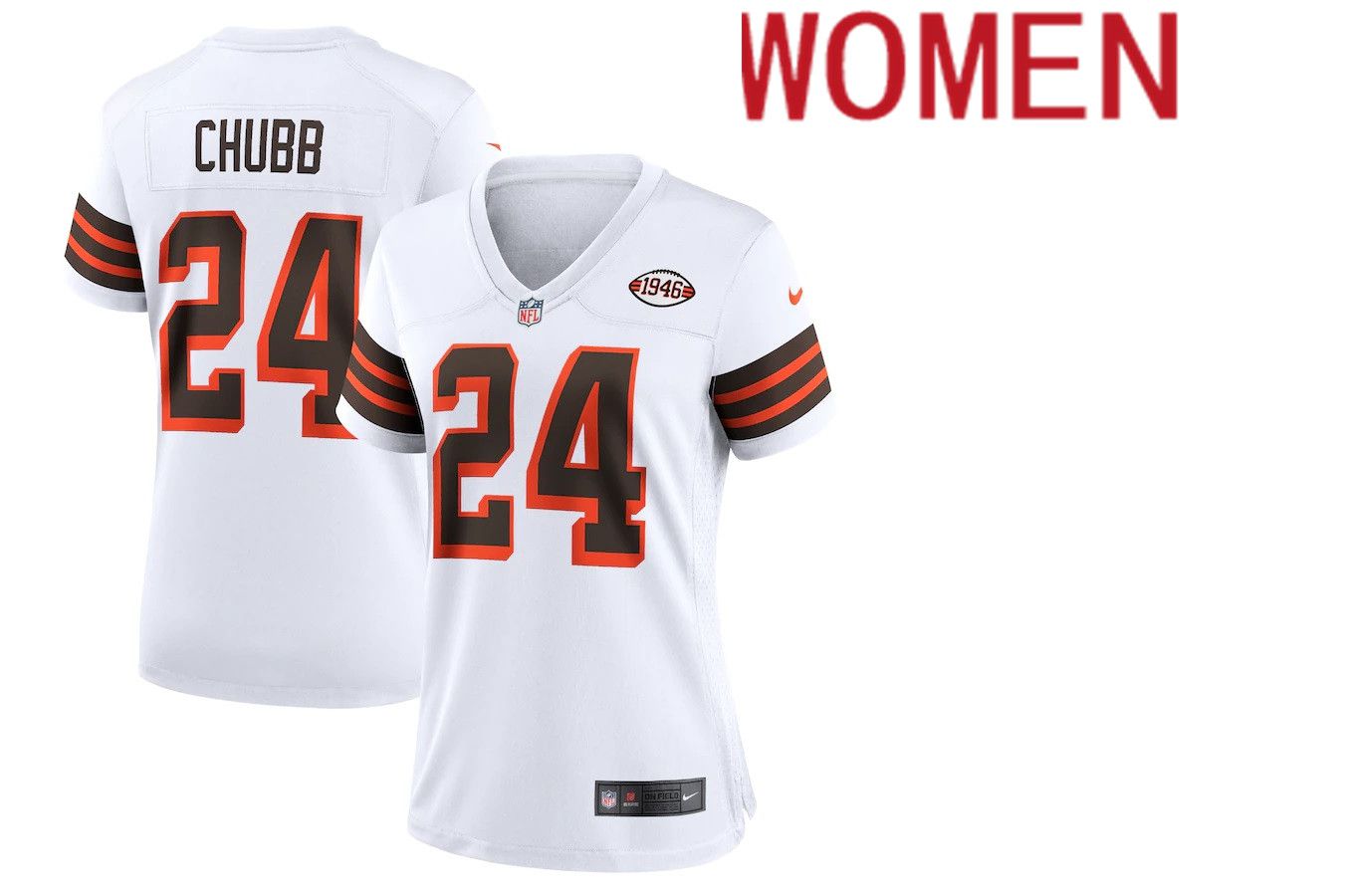 Women Cleveland Browns #24 Nick Chubb Nike White 1946 Collection Alternate Game NFL Jersey->women nfl jersey->Women Jersey